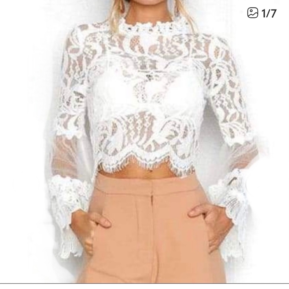 Lovesong Cropped Fitted Lace Bell Sleeve Bohemian Ivory Blouse Top